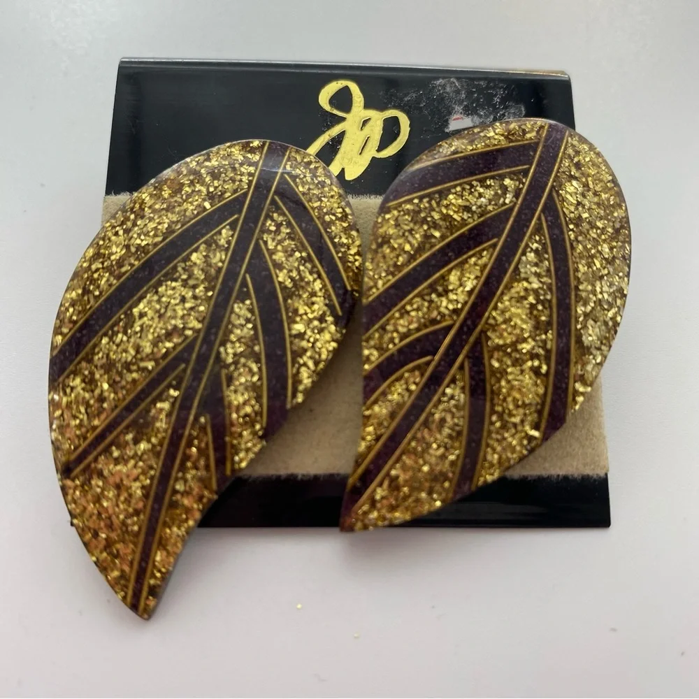 Gold and Brown Leaf Earrings Enamel Sparkly Pierced Post Autumn Fall